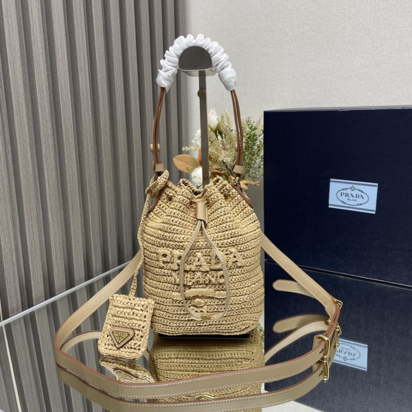 Pra*a tcrochet and leather bucket bag-20*17*12cm