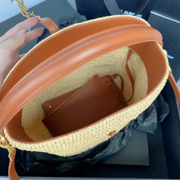 Y*L le 37 leather-trimmed raffia bucket bag-20*25*16cm