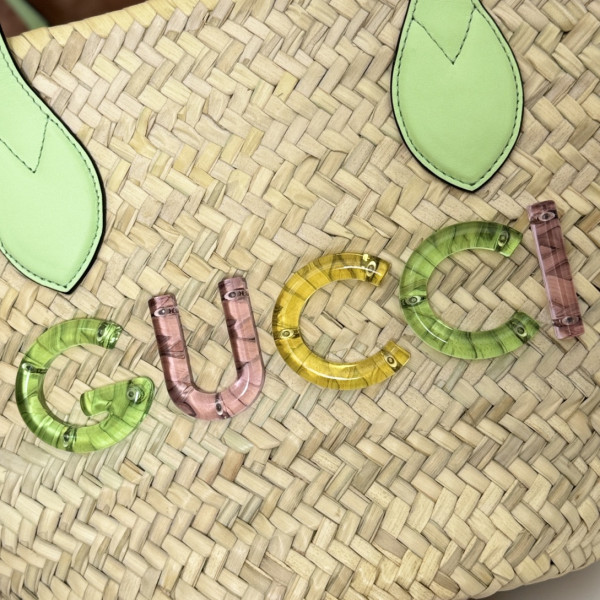 G*u*i small straw tote with G*u*i logo